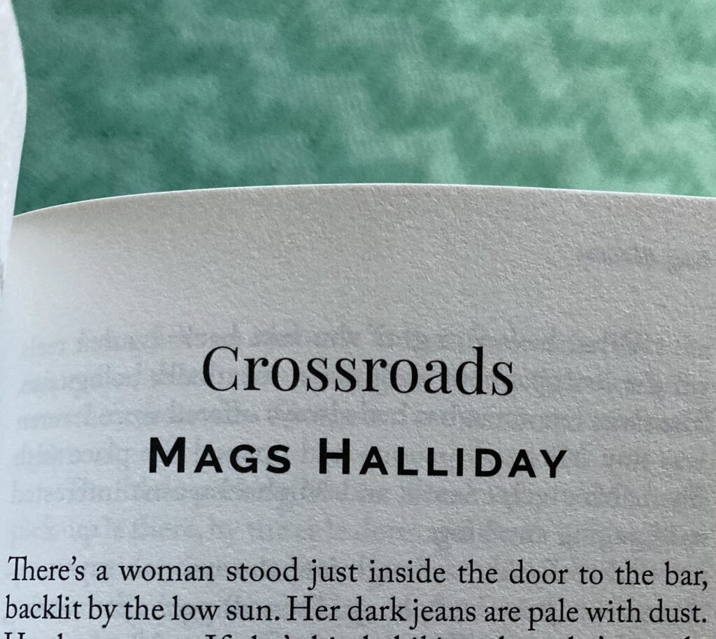 A screenshot of the start of the story. Text reads: Crossroads. Mags Halliday. There's a woman stood just inside the door to the bar, backlit by the low sun. Her dark jeans are pale with dust.